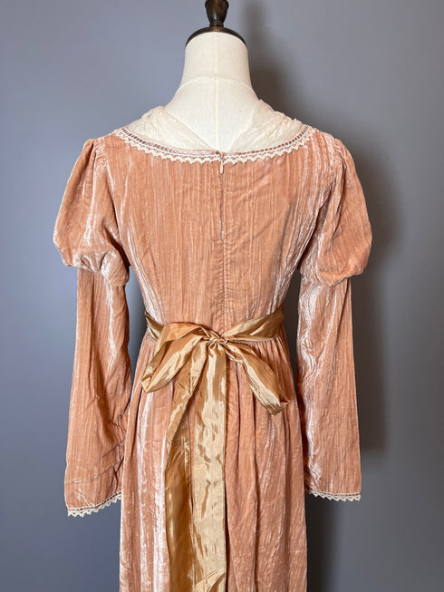 Pink Regency Era Dress with Satin Belt - Long Sleeves Velvet Dress with Lace - Regency Dress Plus Size